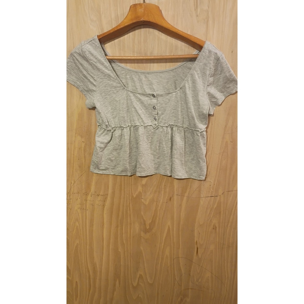 No Boundaries Gray Babydoll Crop Top Short Sleeve Ruffle Henley Large 12-14